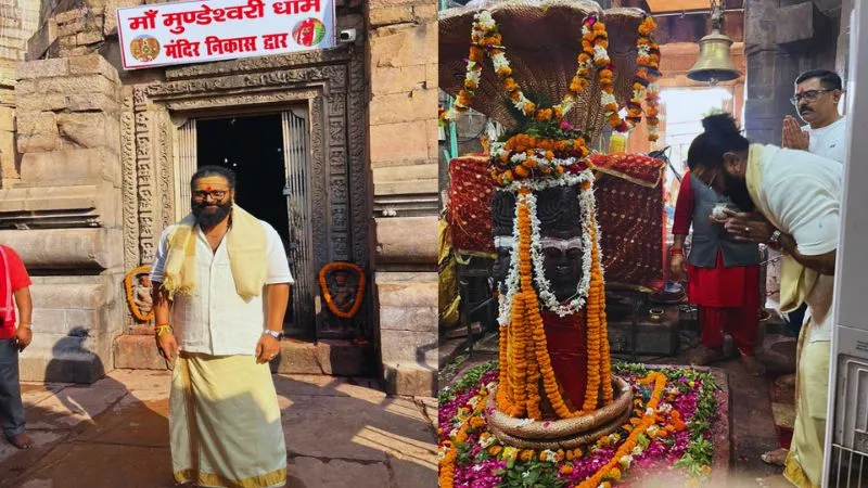 माथे पर तिलक, गले में गमछा, धोती पहन मुंडेश्वरी के दर पर पहुंचे ऋषभ शेट्टी, मां के सामने झुकाया सिर