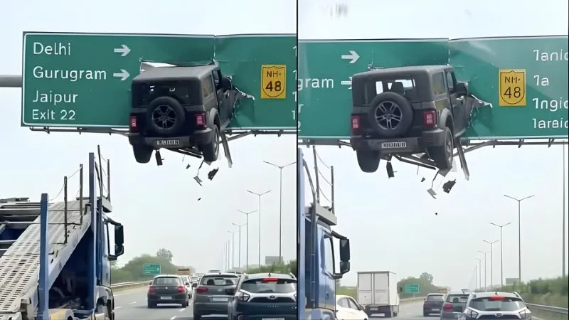 हाइवे पर तेज रफ्तार थार साइन बोर्ड में घुसी! सोशल मीडिया पर वायरल हुआ वीडियो, जानें पूरे मामले की असली सच्चाई
