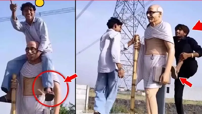 रील बनाने के लिए महात्मा गांधी की प्रतिमा पर चढ़ गए लड़के, बवाल मच गया!