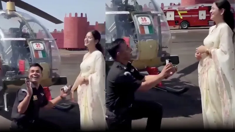हेलिकॉप्टर के आगे घुटनों पर बैठा आर्मी कैप्टन, गर्लफ्रेंड को किया प्रपोज; वायरल वीडियो ने जीता लोगों का दिल
