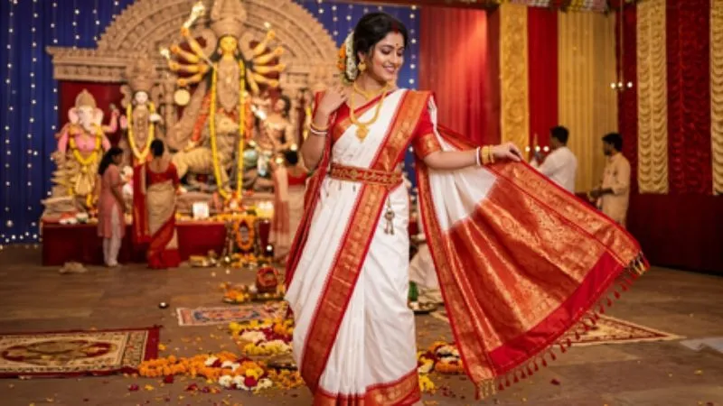 Navratri 2026: दुर्गा पूजा में कैसे सजता है बंगाल? जानिए क्यों लाल-पाड़ वाली सफेद साड़ी है खास
