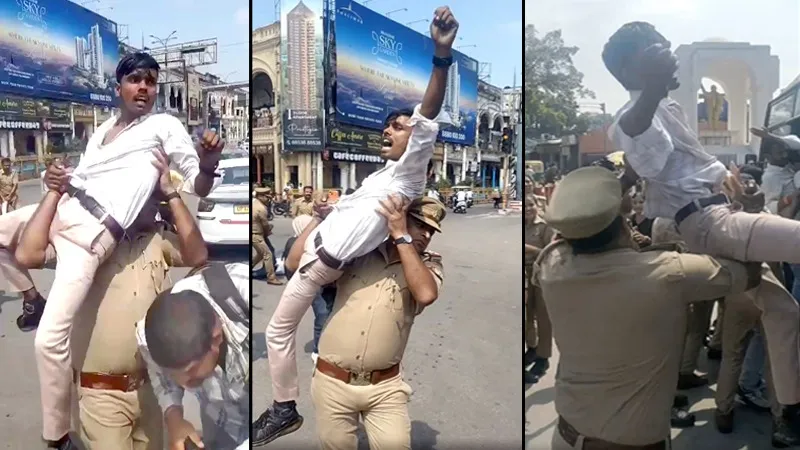 लखनऊ में प्रदर्शन के दौरान गजब नजारा, पुलिसकर्मी ने युवक को गोद में उठाया और ले गया; VIDEO वायरल